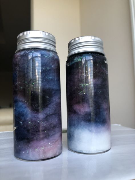 Mini galaxies in a bottle I made Galaxy Crafts For Kids, Galaxy Bottles, Glow Stick Jars, Galaxy In A Bottle, Toddler Stem, Galaxy Crafts, Galaxy Jar, Space Preschool, Sensory Bottles