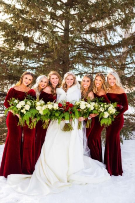 Winter Wedding Bridesmaid Dresses With Sleeves, Long Sleeve Red Bridesmaid Dresses, Red Bridesmaid Dresses Christmas, Red Bridesmaids Dresses Winter, Red Elegant Bridesmaid Dresses, Christmas Themed Wedding Bridesmaids, Christmas Wedding Bridal Party Attire, Long Sleeve Red Velvet Dress, Winter White Bridesmaid Dresses