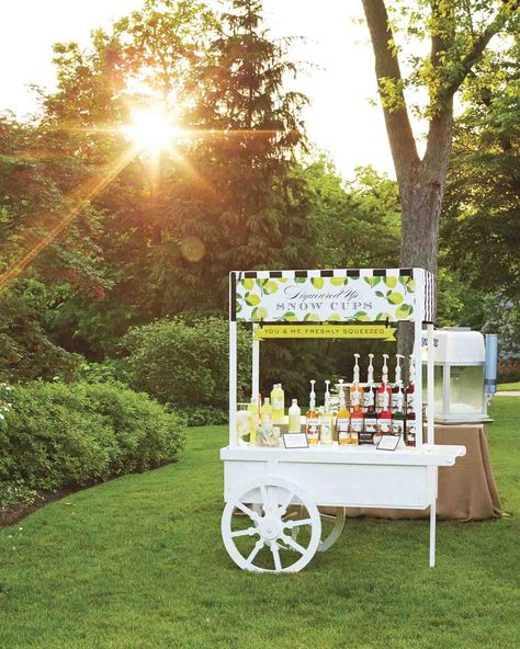 This lemon-themed wedding offered guests limoncello "snow cups" off of this custom-designed cart. Lemon Themed Wedding, Summer Wedding Ideas, Wedding Cake Alternatives, Summer Wedding Decorations, Water Wedding, Snow Cone, Keys Wedding, Snow Cones, Summer Celebration