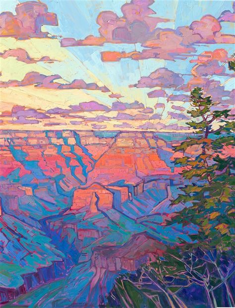 Grand Canyon in Triptych - Contemporary Impressionism Paintings by Erin Hanson Grand Canyon Illustration, Grand Canyon Drawing, Contemporary Abstract Landscape Painting, Grand Canyon Tattoo, Grand Canyon Painting, Pop Art Landscape, Grand Canyon Art, Canyon Painting, Erin Hanson