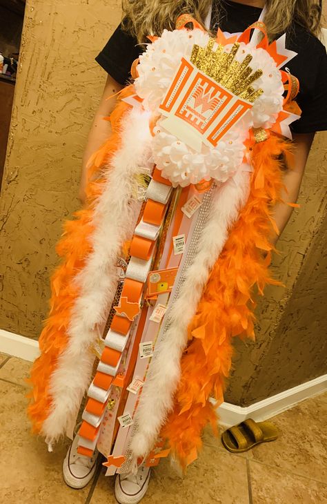 Whataburger Mums Homecoming, Orange Mums Homecoming, Whataburger Mum, Hoco 2022, Mums Homecoming Diy, Hoco Mums, Texas Mums, Texas Homecoming Mums, Mum Ideas