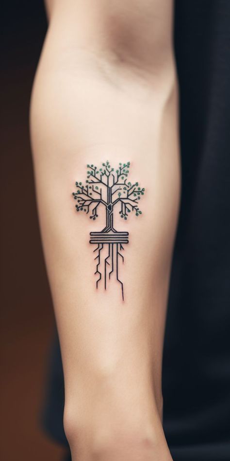 Explore the best meaningful forearm tattoo ideas for men with designs that carry deep significance. Tree Forearm Tattoo, Geometric Tattoo Tree, Meaningful Tattoos For Men, Tech Tattoo, Small Forearm Tattoos, Wrist Tattoos For Guys, Arm Band Tattoo, Small Hand Tattoos, Small Tattoos For Guys