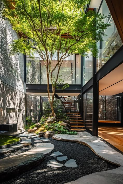 Garden Design Mansion, Luxury House With Garden, Tropical Dream House, Indoor Atrium Garden, Glass Homes Modern, Glass Home Design, House With Garden In The Middle, Modern One Floor House, Modern Zen Garden Backyard