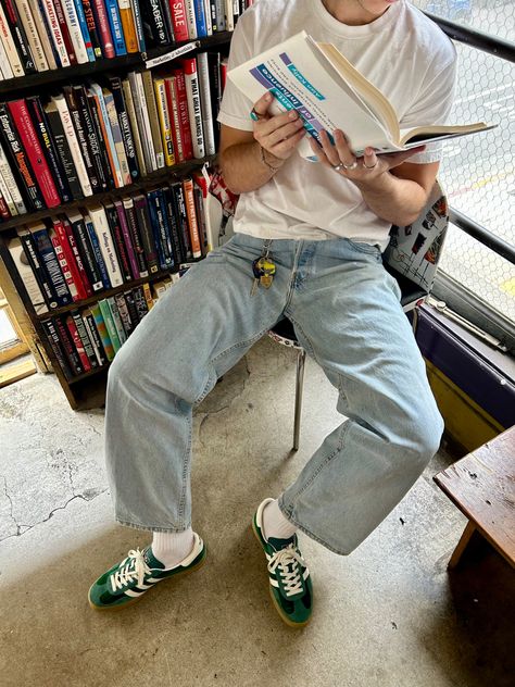 ig: @garrettcarswell Adidas Gazelle Outfit Men, Green Shoes Outfit, Baggy Jeans Outfits, Adidas Outfit Men, Adidas Gazelle Outfit, Adidas Outfit Shoes, Baggy Jeans Outfit, Guys Fits, Samba Outfit