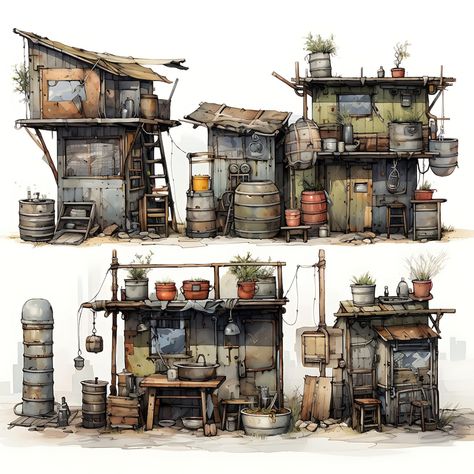 Premium Photo | Watercolor Cottage of Scrap Metal Shanties Repurposed Tire Planters Bold Industria Art 2D Vector Shanty Town Concept Art, Scrapyard Concept Art, Fallout Architecture, Cottage Reference, Steampunk Building, Punk House, Repurposed Tire, Watercolor Cottage, Apocalypse Landscape