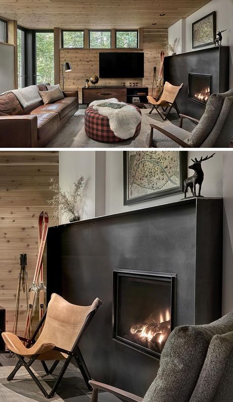 Blackened Steel Fireplace, Fireplace Industrial, Industrial Fireplace, Steel Fireplace, Black Tile, Contemporary Fireplace, Fireplace Surround, Blackened Steel, Fireplace Makeover