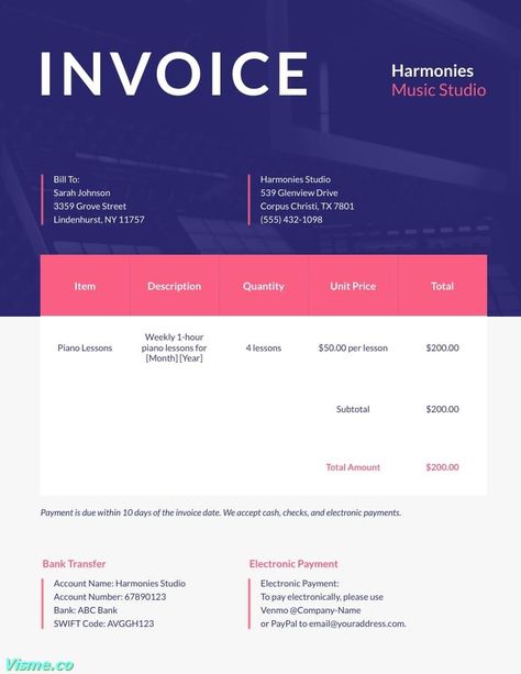 Music Lesson Payment Invoice Template  Visme Payment Invoice, Harmony Music, Music Lesson, Invoice Template, Piano Lessons, Music Studio, Music Lessons, Company Names, Coding