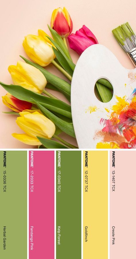 Tulips Color Palette, Easter Colors 2024, Daffodil Color Palette, Green Yellow Pink Color Palette, Spring 2024 Color Palette, Pink Green Yellow Color Palette, Spring Pallete Color, Pink Yellow Green Color Palette, Tulip Color Palette