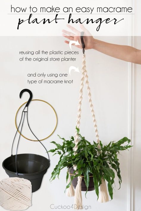 super easy macrame planter using only one knot | recycling your plastic hanging planter with macrame | macrame planter | macrame planter DIY | macrame planter tutorial | macrame planter patterns | macrame planter hanger | macrame indoor planter | macrame planters hanging | DIY boho macrame plant hanger | macrame planter decor #indoorplanter #deccorativeplanter #macrameplanter #plantpots #macrame Diy Large Macrame Plant Hanger, Jute Rope Plant Hanger Diy, Hanging Plant Macrame Tutorial, Diy Boho Planters, Macrame Plant Hanger Tutorials, Ivy Trellis, Planter Hanger, Plastic Hanging Planters, Planter Macrame