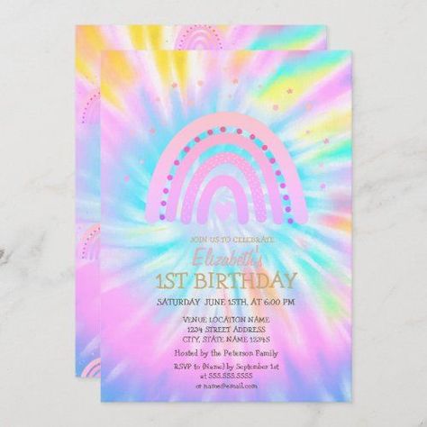 $2.45 | Watercolor Rainbow Tie Dye Birthday #pink #wildone #first #boho #birthday #sweetbaby #stripes #rainbow #colorful #tiedye Rainbow Themed Birthday Party, Tie Dye Birthday, Wild One Birthday Invitations, Rainbow Birthday Invitations, Colorful Invitations, Rainbow Tie Dye, Boho Birthday, Watercolor Rainbow, Rainbow Tie