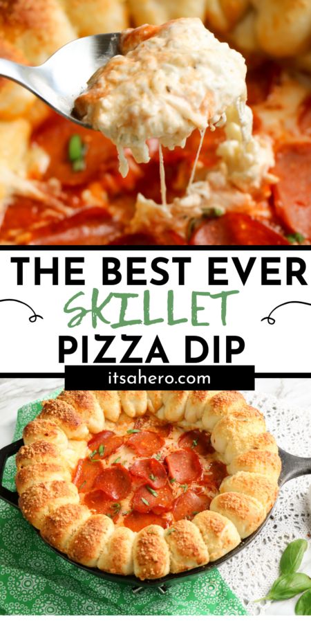 Pizza Dippers Recipe, 4 Ingredient Pizza Dip, 4 Dips In One Pan With Pizza Dough, Cast Iron Skillet Dips Appetizers, Skillet Pizza Dip, Cheesy Pizza Dip, Pizza Dips, Hot Pizza Dip, Hot Honey Pepperoni Pizza Dip