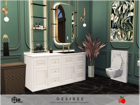 a luxurious bathroom in green, black, white and gold. this item is a sims 4 room made with cc. 🍎 by melapples @ TSR 🍎 Bathroom In Green, Sims 4 Room, Black White Bathrooms, Sims 4 Bedroom, Sims 5, Free Sims 4, Art Deco Bathroom, Gold Furniture, Deco Bathroom