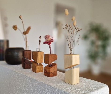 Unleash your imagination and transform raw wood into personalized masterpieces that add warmth and character to your space. #WoodenProjects #WoodCraft #DIYWoodworking #HandmadeDecor Small Wooden Projects, Wooden Flower Vase, Wooden Vases, Test Tube Vase, Wood Craft Projects, Flower Meadow, Wooden Vase, Wood Vase, Wooden Flowers