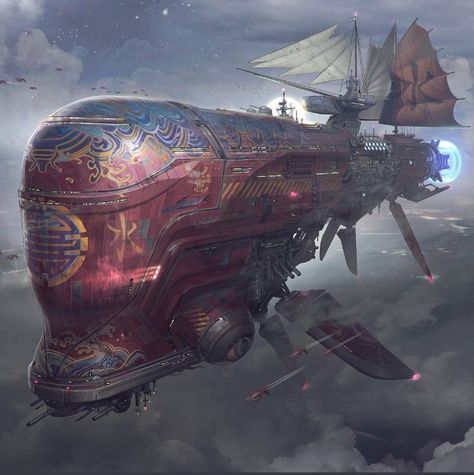 Created by @fred_augis. Sci-Fi airship. Beautiful Sci-Fantasy Steampunk Vehicles Ships, Famous Illustration, Famous Illustrators, Steampunk Ship, Steampunk Kunst, Airship Art, Flying Ships, Uk Illustration, Merchant Ship