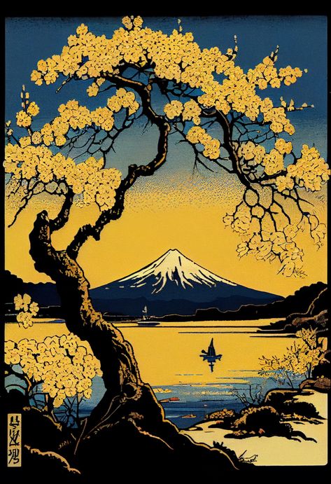 Japanese Mountains Art, Japanese Scenery Art, Mt Fuji Art, Japanese Art Landscape, Kawaguchi Lake, Mount Fuji Painting, Hokusai Paintings, Hokusai Art, Lake Artwork