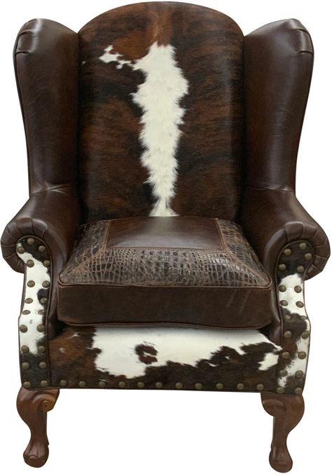 Western Chairs For Bedroom, Writing Cabin, Cowboy House, Western Bed, Western Interior Design, Western Chair, Cowhide Decor, Ranch Furniture, Leather Wing Chair