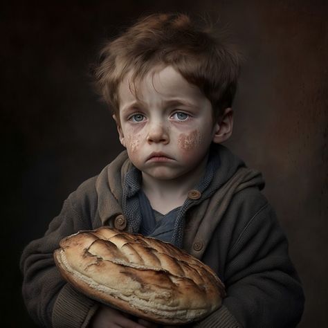 Ai creation, poor child holding a peice of bread ,#generativeart Poor People Food, Poor Child, Hungry Children, Photoshop Artwork, People Food, Poor Children, Fantasy Story, Preschool Learning Activities, Poor People