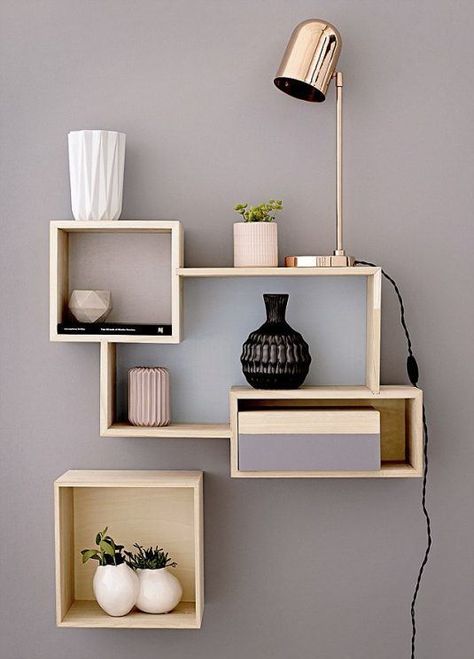 Some fun shelving like this would be nice preferably that pink color we talked about or white Design Interior Modern, Geometric Furniture, Spring Interiors, Geometric Shelves, Design Homes, Wall Shelves Design, Bookshelves Diy, Interior Modern, Shelf Design