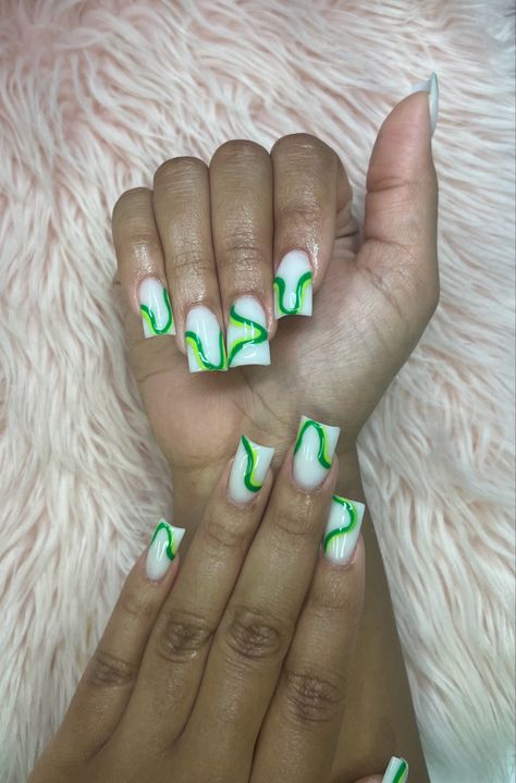 Mokky white base with green abstract lines on short duck nails. #nails #nailart #naildesign #ducknails #green #white Short Green Design Nails, White And Green Nails Ideas, Pink Green And White Nails, Christmas Nails In Green, Green And White Nails Short, White And Green Acrylic Nails, Green And White Nails Acrylic, White Nails With Green Designs, Gel Nail Designs Green