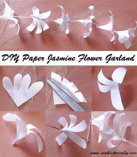 DIY Indian Paper Jasmine Flower Garland – Tutorial | Sew historically Flower Paper Garland, Paper Curtains Diy, Diy Jasmine Flower, Paper Jasmine Flower Diy, Jasmine Flower Decoration, Paper Jasmine Flower, Room Crafts Diy Decor, Diy Ceiling Decor, Jasmine Flower Garland