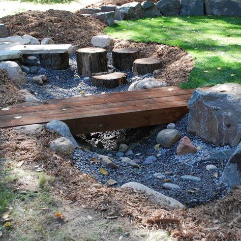 Bridge Patio Pond Bridge Diy, Dry Creek Bed With Bridge, Dry Creek Design, Dry Creek Bridge, Outdoor Bridges Backyards, Creek Bridge Diy, Man Made Stream, Small Bridges Over Creek, Creek Bridge Ideas