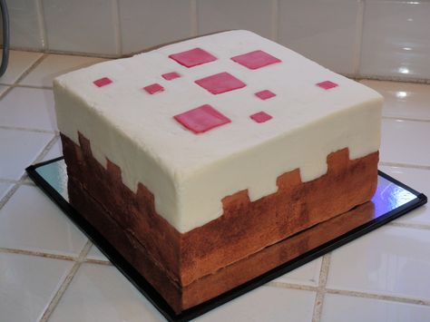 Minecraft cake block cake - If items in the computer game Minecraft were translated to real life size, the cake block would be about 3 feet square.  This one was only a 9 inch square but challenge enough!  My son does not like fondant, and really wanted the different parts & colors to be flush, as they are in the game (and not have the white frosting 'sticking out' on top of the brown).  So this is all buttercream (inset red squares are modeling chocolate), with the pattern on the sides ... Minecraft Pasta, Pastel Minecraft, Cake Minecraft, Minecraft Food, Minecraft Birthday Cake, Easy Minecraft Cake, Nursing Cake, Whiskey Cake, Resipi Kek