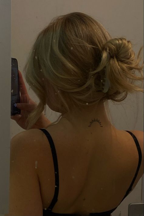 Sunshine Tattoo Back Of Neck, Back Neck Sun Tattoo, Small Tattoo Back Of Neck, Cold Shoulder Tattoo, Tiny Tattoos Back Of Neck, Sun Tattoo Placement For Women, Sun Tatoos Behind The Ear, Sun Tattoo Behind Neck, Sun On Back Of Neck Tattoo