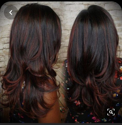 Rambut Brunette, Black Hair With Highlights, Red Highlights, Burgundy Hair, Winter Hair Color, Trendy Hair Color, Hair Color Highlights, Brown Hair With Highlights, Red Hair Color