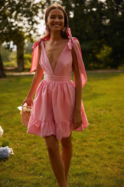 Tie Strap Dress, Mini Homecoming Dresses, Short Homecoming Dress, Spring Wardrobe, Homecoming Dress, New Arrival Dress, Mini Dress With Sleeves, Strap Dress, V Neck Dress