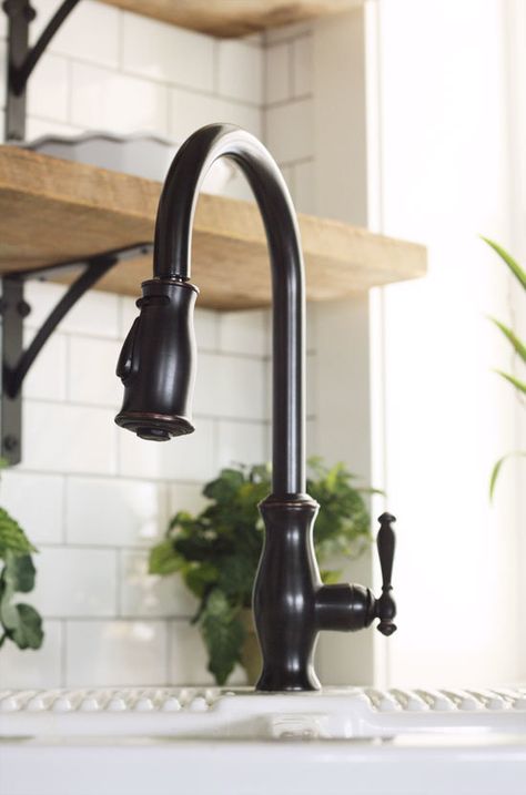 oil-rubbed bronze gooseneck kitcen faucet Farmhouse Kitchen Faucet Ideas, Kitchen Faucets Farmhouse, Oil Rubbed Bronze Kitchen Faucet, Farmhouse Faucet, Bronze Kitchen Faucet, Farm Style Kitchen, Rubbed Bronze Kitchen, Oil Rubbed Bronze Faucet, Farmhouse Sink Faucet