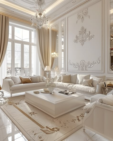 37 Luxurious White and Gold Living Room Design and Decoration Ideas – CreativeBooster White Furniture In Living Room, French Country Interior Style Home, Elegant Rooms Interior Design, French Chic Interior Design, Living Room Designs Big Spaces, Tv Wall Design Classic, Fancy Living Rooms Luxury, Modern Classic Interior Design Living Room, Classy Living Room Luxury