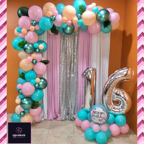 Pink, Peach Blush, Aquamarine, Chome Green Balloon Garland Green Balloon Garland, White Party Theme, Balloon Ideas, Green Balloon, Peach Blush, Pink Decor, Cupcake Party, Teal And Pink, White Party