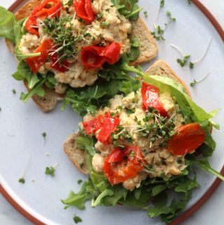 Open-faced Chickpea Smash Chickpea Smash, Chickpea Sandwich, Open Sandwich, Pickled Peppers, Lunch Places, Chickpea Salad Sandwich, Open Faced Sandwich, Vegetarian Sandwich, Chickpea Salad