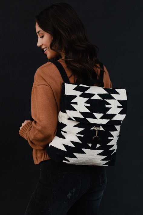 Neutral bags are the way to our hearts. You won't want to miss out on our new and fast selling backpack collection! This black and cream Aztec inspired backpack is perfect for all of your travels. Neutral Bags, Western Backpack, Aztec Bag, Backpack Collection, Neutral Bag, Knitted Hats Kids, Western Style Outfits, Diy Bags, Backpack Travel