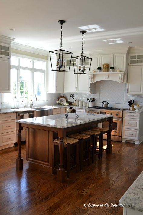 White kitchen with cherry island and matching counter stools.  Read about these counter stools and why I chose them.  #counterstools #barstools #kitchendecor #whitekitchendecor #whitekitchen Kitchen White Countertops, Unique Kitchen Design, Cherry Kitchen, White Kitchen Decor, Kitchen White, New Kitchen Cabinets, Kitchen Upgrades, Kitchen Island Design, White Countertops