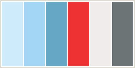 ColorCombo134 - ColorCombos.com color palettes, color schemes, color combos with hex colors codes #CEEBFB, #A3D6F5, #66A7C5, #EE3233, #F0ECEB, #6C7476 and color combination tags BLUE, BLUE, EBB, FOUNTAIN BLUE, HAWKES BLUE, LIGHT BLUE, LIGHT BLUE, NEVADA, POMEGRANATE, RED, RED ORANGE, SAIL, TEAL. Red Kitchen Decor, Blue Color Combinations, Painting Walls, Orange Color Palettes, Red Color Schemes, Kitchen Wall Colors, Red Colour Palette, Kitchen Colour Schemes, Skin Color Palette