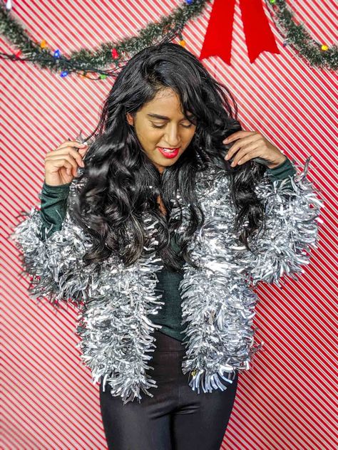 Make Ugly Christmas Sweaters – Best Day of the Week Tinsel Outfit Diy, Diy Tinsel Sweater, Funky Christmas Outfit, Tacky Christmas Sweater Outfit, Tacky Christmas Outfit, Diy Ugly Christmas Sweater Ideas, Easy Ugly Christmas Sweater, Making Ugly Christmas Sweaters, Ugly Sweater Outfits