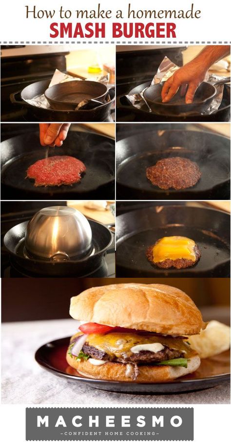 Two cast iron skillets. Foil. That's what you need to make one of the best burgers you can make at home! Smashburger Sauce, Copycat Smashburger, Burger Soup, Recipes Hamburger, Soup Sandwich, Smashed Burgers, Smash Burger Recipe, Smash Burgers, Cast Iron Skillets