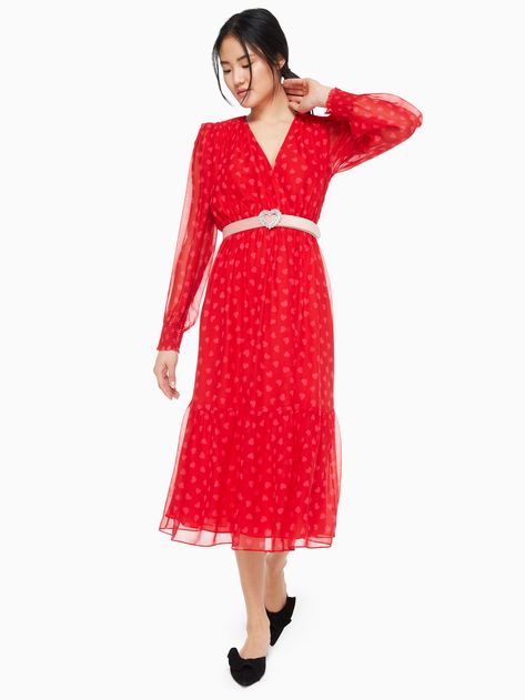 KATE SPADE HEARTBEAT SILK MIDI DRESS. #katespade #bags #shoulder bags #silk Silk Chiffon Fabric, Kate Spade Dress, Kate Spade Dresses, Dress Silk, Printed Wrap Dresses, Silk Midi Dress, Midi Dress Casual, Pink Long Sleeve, Midi Shirt Dress