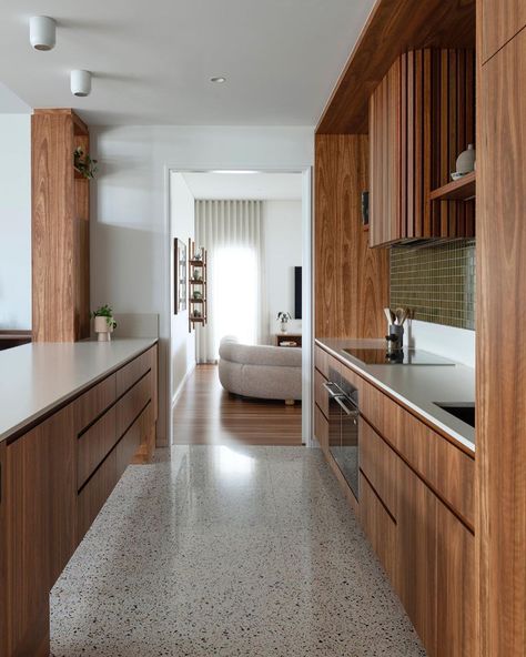 Kitchen Interior Mid Century Modern, Mid Century Industrial Kitchen, Terrazzo Floors Kitchen, Mid Century Modern Terrazzo, Mid Century Renovation Before And After, Mid Century Backyard Ideas, Kitchen With Terrazzo Floors, Mid Century Terrazzo Floor, Terrazzo And Wood Floor