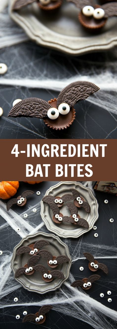 EASY FOUR INGREDIENT HALLOWEEN TREAT - MINI BAT CANDY BITES Pasteles Halloween, Postres Halloween, Dessert Halloween, Halloween Fest, Halloween Baking, Halloween Goodies, 4 Ingredient, Fall Treats, Halloween Treat