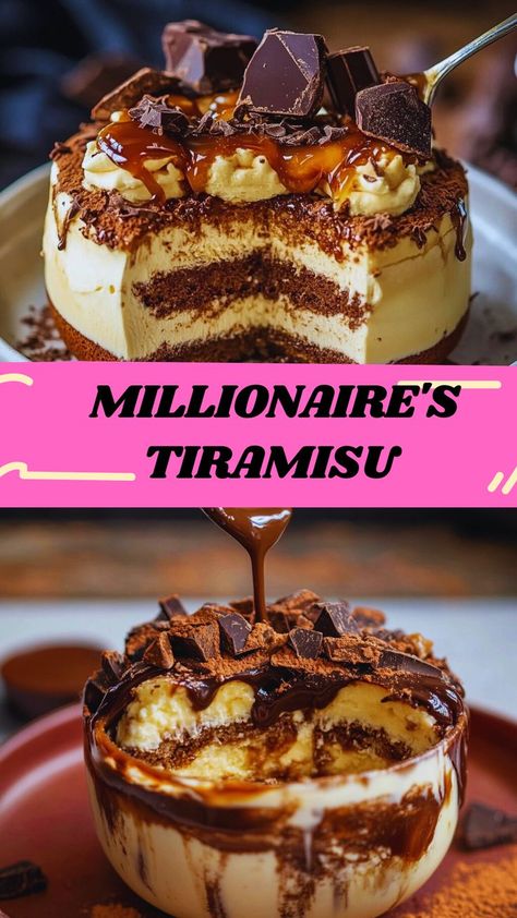 Treat yourself to Millionaire’s Tiramisu—a luxurious twist on the classic dessert! With layers of espresso-soaked ladyfingers, creamy mascarpone, rich chocolate, and salted caramel, this no-bake indulgence is perfect for any special occasion. Save this recipe for an impressive, crowd-pleasing dessert! Italian Desserts For A Crowd, Luxurious Desserts, Crowd Pleasing Desserts, Ladyfingers Recipe, Lady Fingers Dessert, Luxury Desserts, Tiramisu Chocolate, Salted Caramel Desserts, Best Tiramisu Recipe