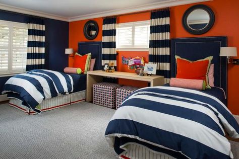 Orange And Blue Bedroom, Orange Kids Rooms, Affordable Bedroom Decor, Orange Accent Walls, Boys Room Blue, Orange Rooms, Affordable Bedroom, Blue Bedroom Decor, Bedroom Orange