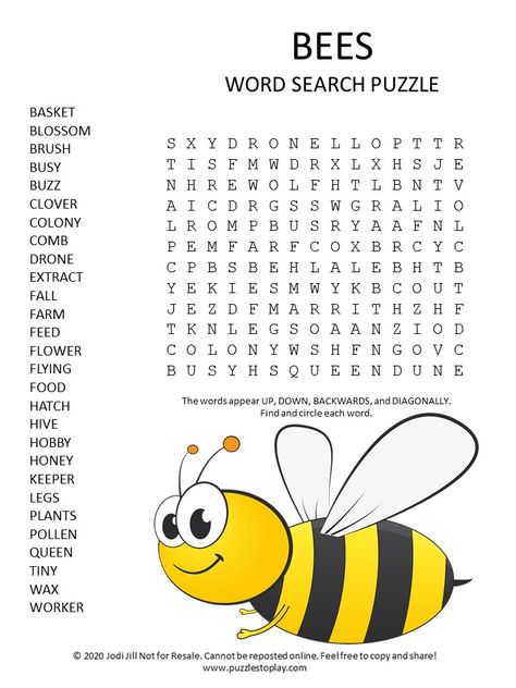 Bee Party Activities, World Bee Day Activities, Bee Worksheets Free Printable, Bees Activities, Puzzles Printable, Puzzle Printable, Bee Games, Free Word Search Puzzles, Word Search Puzzles Printables