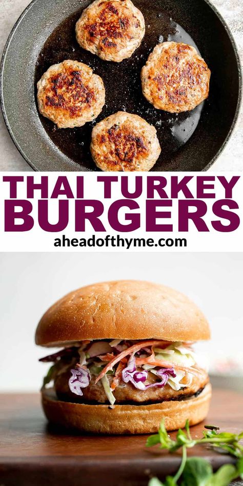 Thai Turkey Burgers Asian Turkey Burger Recipes, Thai Burger Recipe, Curry Turkey Burgers, Thai Hamburger Recipe, Turkey Burger Toppings Ideas, Thai Burgers, Asian Turkey Burgers, Turkey Burgers Recipes, Thai Turkey Burgers