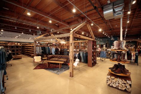 Commercial Retail Design, Retail Store Lighting, Industrial Style Retail Store Design, Barndominium Retail Store, Rustic Retail Store Design, Warehouse Turned Retail, Western Wear Store Front, Western Retail Store Design, Rrl Store Interior