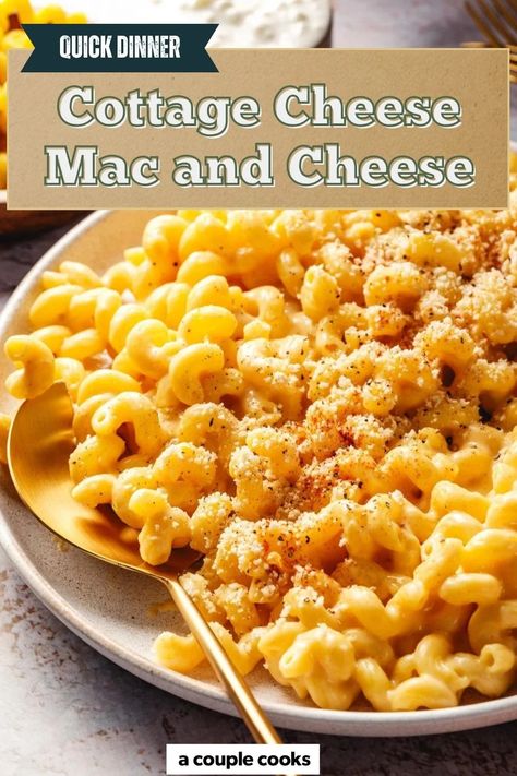 This cottage cheese mac and cheese is a protein-packed, delicious twist on the classic comfort food that's surprisingly satisfying! It's easy to whip up this creamy spin in a blender. #cottagecheese #cottagecheesemacandcheese #macandcheese #easypasta #easydinner #fastdinner #easydinnerideas #fastdinnerideas #meatlessmeal #meatlessmealideas #vegetarian #vegetariandinner #highprotein #highproteinrecipe Cottage Cheese Mac And Cheese, Healthy Mac And Cheese, Cheese Mac And Cheese, Vegan Brunch Recipes, Best Fish Recipes, Winter Salad Recipes, A Couple Cooks, Salad Dressing Recipes Healthy, Cottage Cheese Recipes