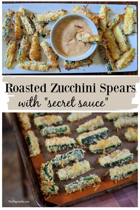 Roasted Zucchini Spears with "Secret Sauce" - This Pilgrim Life Zucchini Spears, Pilgrim Life, Vegan Barbecue, Roasted Zucchini, Roast Zucchini, Dinner Plans, Parmesan Zucchini, Hungry Hippos, Summer Dishes