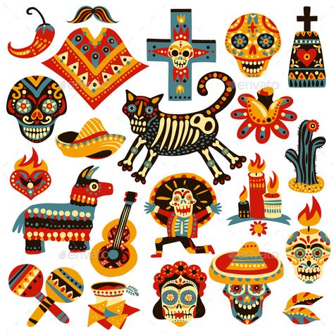 Set of mexican holiday symbols of day of dead including skulls, sombrero, music instruments isolated vector illustration Tacos Ideas, Mexico Tattoo, Den Mrtvých, Mexican Tattoo, Mexican Day Of The Dead, Mexican Art Tattoos, Mexican Furniture, Mexican Pattern, Holiday Symbols