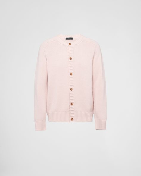 Alabaster Pink Wool and cashmere cardigan | PRADA Prada Cardigan, Knit Triangle, Prada Pink, Become A Fashion Designer, Pink Cardigan, Triangle Logo, Cashmere Cardigan, Cashmere Wool, Character Outfits